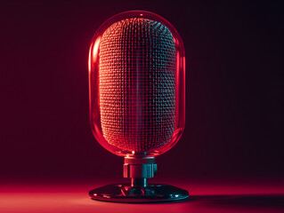 Retro Microphone in Red Light: A vintage microphone, encased in transparent red plastic, with a unique pin design, stands against a deep red backdrop, illuminated by dramatic red and blue lighting.