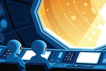 Futuristic alien scientists meticulously analyze a holographic galaxy map, intricate details illuminated in their advanced lab. © ndomble