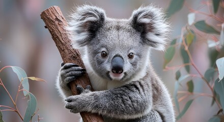 Naklejka premium Cute Koala Holding Onto Tree Branch Looking at the Camera