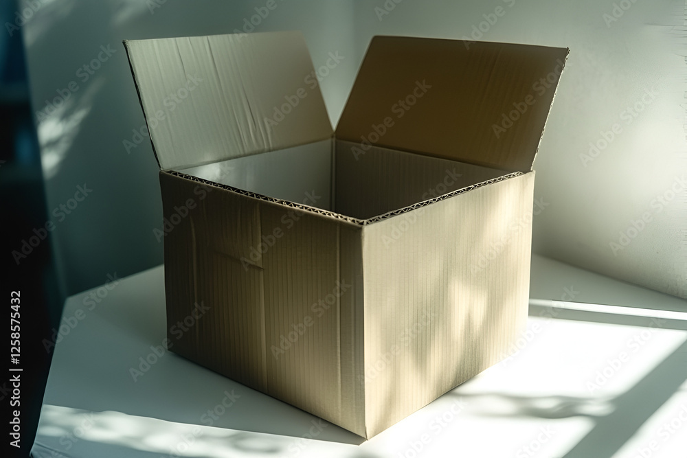 Poster empty cardboard box: an open cardboard box with insulation lining sits on a clean surface, casting a