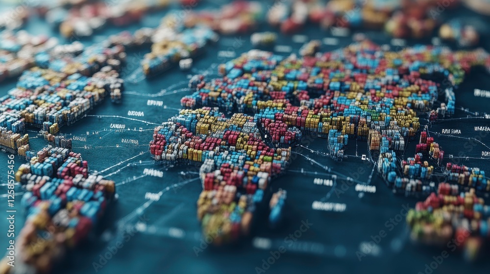 Poster a colorful, detailed map of the world made from small blocks, showcasing various regions with vibran