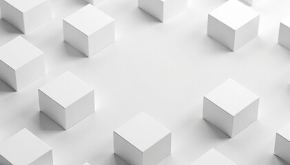 White cube boxes scattered on a neutral background with random shifts, geometric patterns,