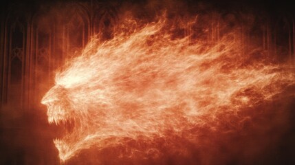 Fiery demonic face emerges from swirling flames against a dark, gothic backdrop.  Intense, otherworldly.