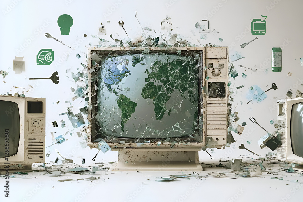Poster shattered screens: a powerful conceptual image depicting the global impact of technology and its pot
