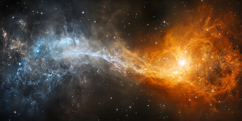 Fototapeta premium Cosmic Collision: A mesmerizing cosmic event unfolds before your eyes, where two swirling nebulae of contrasting blue and fiery orange collide in a breathtaking display of celestial energy.