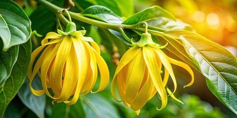 Obraz premium Ylang Ylang Flowers: Lush Blooms in Left Composition with Copy Space