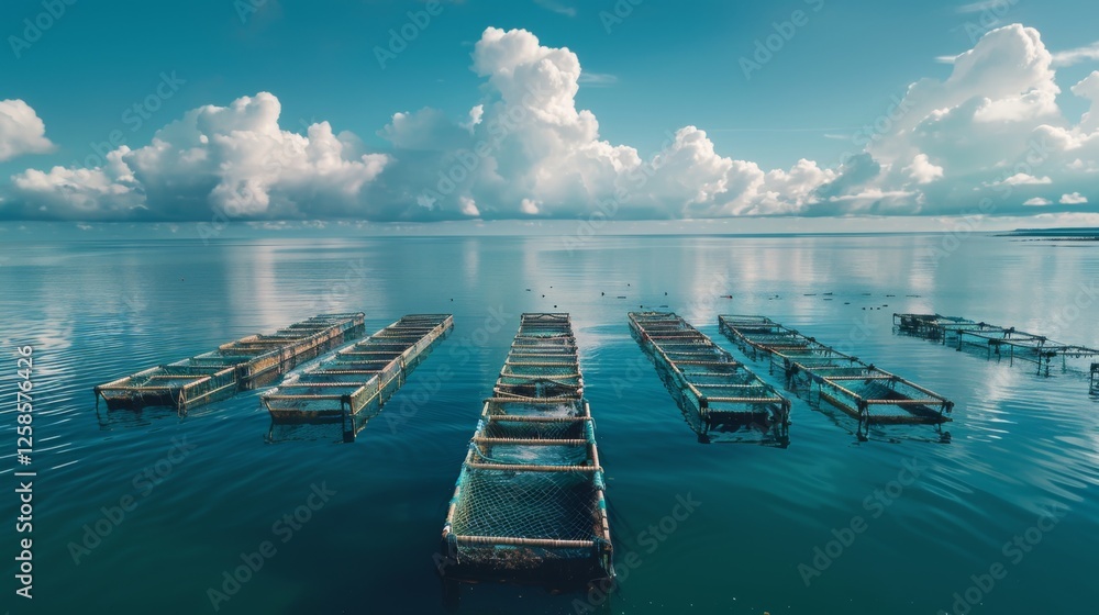 Poster Rows of fish farming structures float on tranquil waters under a sky filled with fluffy clouds, reflecting the beauty of nature in a coastal environment.