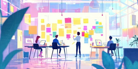A team of creatives brainstorming with sticky notes, sketching ideas on a whiteboard in a modern office.