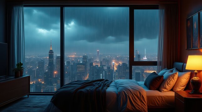 Cozy Bedroom View of City Skyline on a Rainy Night