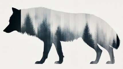 A majestic wolf silhouette blends seamlessly with a misty forest, creating a serene and ethereal image.