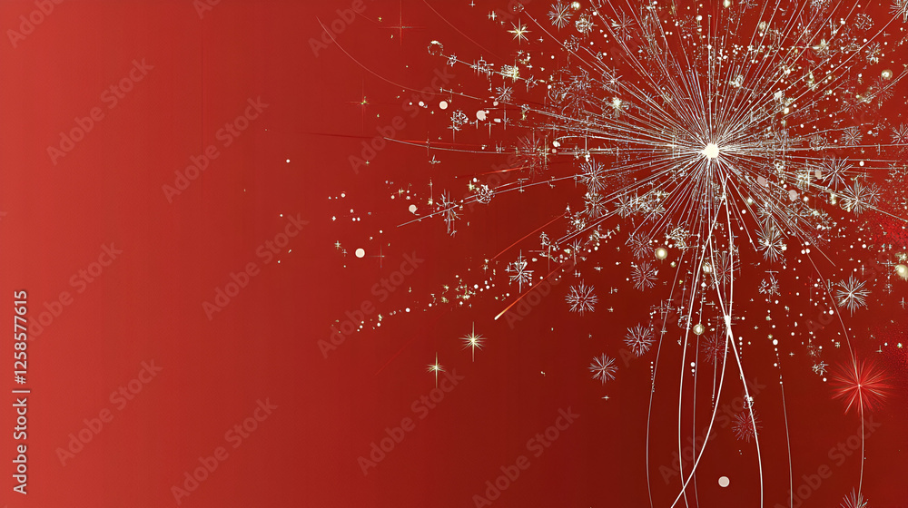 Poster sparkling snowflake burst: a vibrant red background explodes with an ethereal burst of white snowfla