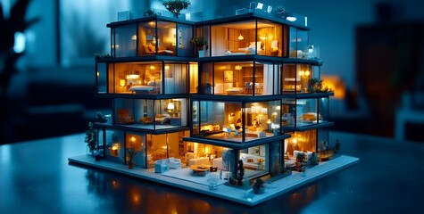 Illuminated miniature model of a modern apartment building showcases innovative urban design