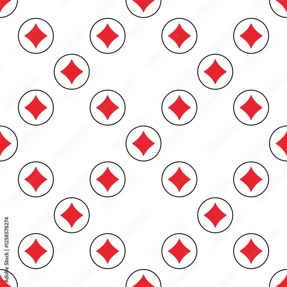 Poster diamonds playing card suit in circle vector solid red seamless pattern