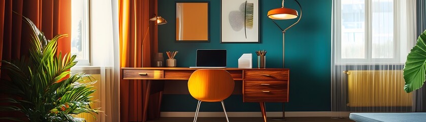 Modern Home Office Design with Teak Furniture and Vibrant Accents