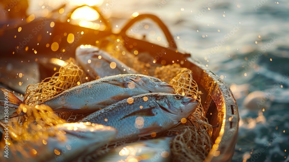 Poster fishermen reel in their catch as the sun sets over the ocean, creating a breathtaking golden glow. f