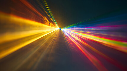 Light Speed: Abstract streaks of vibrant, multicolored light converge at a central vanishing point, creating a dynamic and energetic visual effect. Evokes a sense of speed, movement.