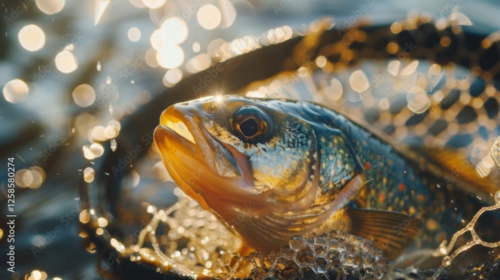Aufkleber a trout with colorful scales lies in a net, glistening in sunlight. droplets of water reflect light 