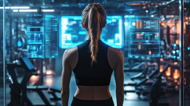 A woman stands in a futuristic gym, gazing at advanced digital displays. The scene showcases innovation in fitness and technology.