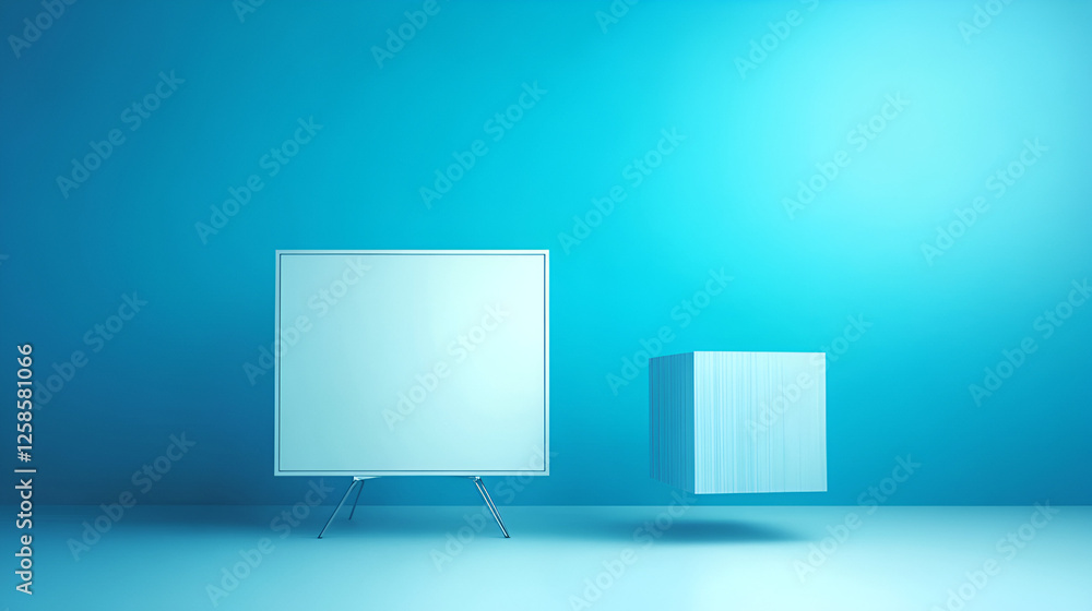 Poster floating cube and canvas: a minimalist composition featuring a white canvas on an easel and a levita