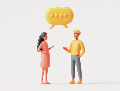 Studio shot Couple conversing, speech bubble, white background, communication concept