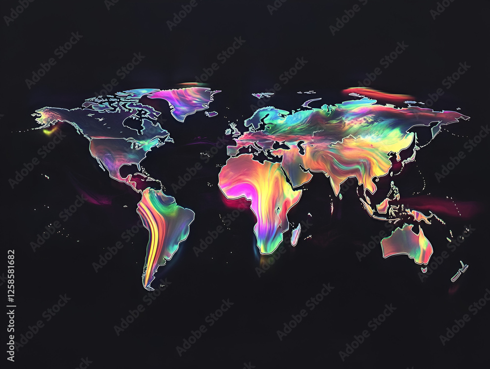 Poster global spectrum: an abstract, vibrant world map shimmers with iridescent colors and glowing lines, s