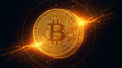 Glowing Bitcoin Coin with Binary Code and Digital Energy Burst
