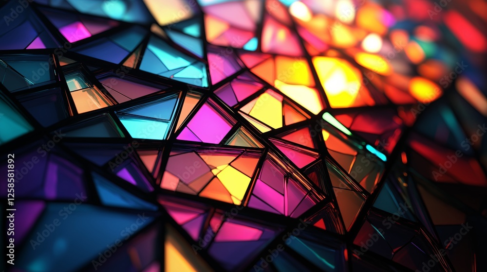 Poster A digital interpretation of stained glass with colorful geometric shards glowing softly