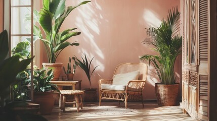 Sunlit Room With Wicker Chair And Lush Plants
