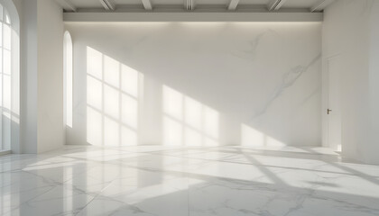 Bright White Modern Room with Marble Walls and Floor Sunlit Inte