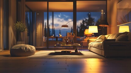 Elegant modern living space with comfortable seating, sophisticated decor, and warm ambient lighting