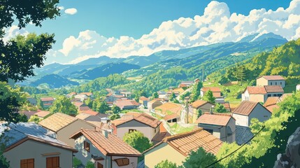 Fototapeta premium A view of the small town from the top of the hill. Daytime in summer. Japanese anime illustration.