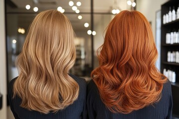 Fototapeta premium Blonde and redhead women showing their wavy hair after dyeing treatment in a hair salon