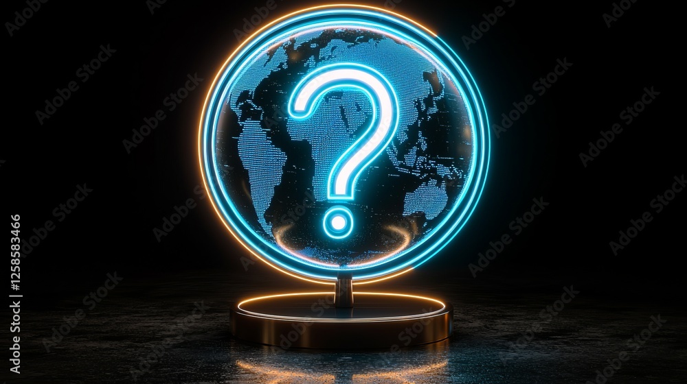 Poster a glowing globe with a question mark symbolizes curiosity and exploration in a digital world, illumi