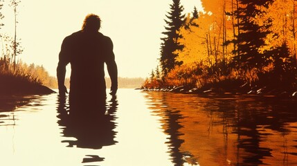 Fototapeta premium Silhouette of a muscular man wading in a calm lake at sunset, surrounded by autumnal trees.
