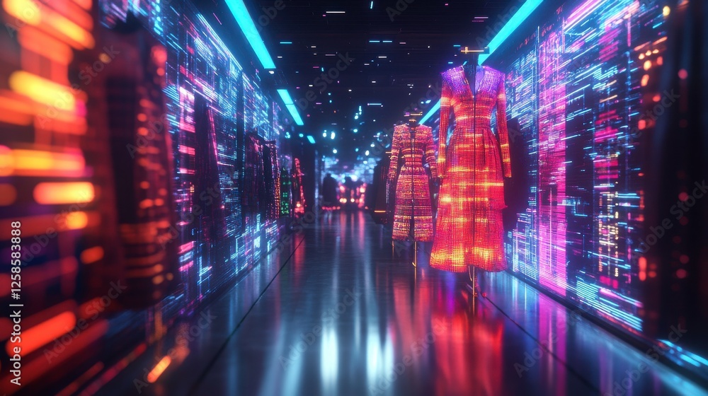 Poster a futuristic corridor illuminated by vibrant neon lights and digital patterns, creating a mesmerizin