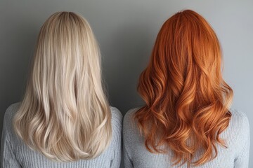 Naklejka premium Back view of two women with different hair colors, showing a comparison of blonde and red hair