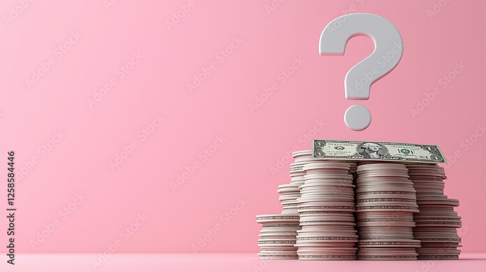 Poster a stack of coins with a dollar bill on top, accompanied by a large question mark, set against a pink