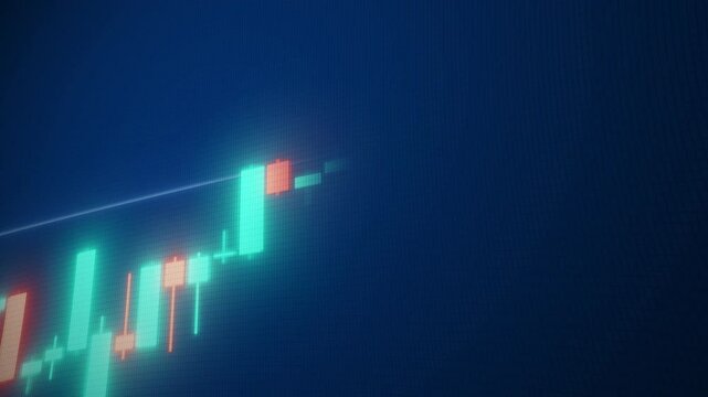 Dashboard financial Candle chart graph, stock market rates growth display monitor screen, business profit, trading sell buy exchange price, data analytics, blockchain, crypto currency, copy space, 4k