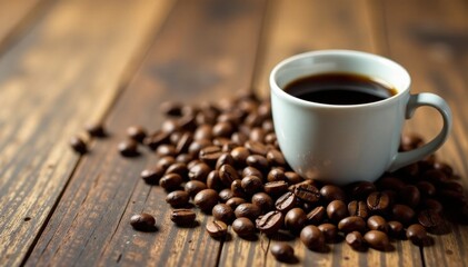 Wooden background with spilled coffee beans and a empty coffee cup, coffee, spill