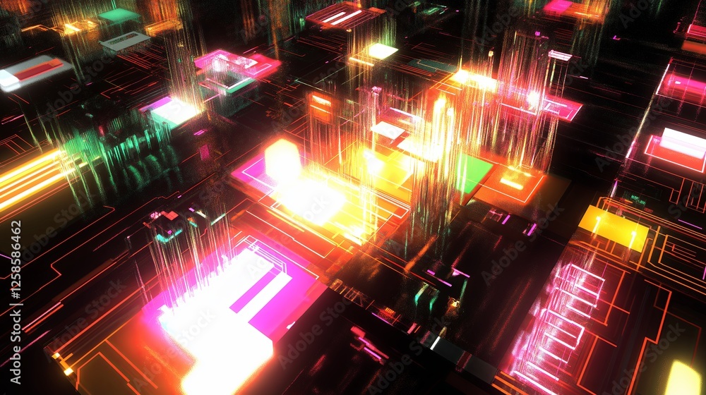Poster A digital rendering of an abstract circuit board with glowing elements.