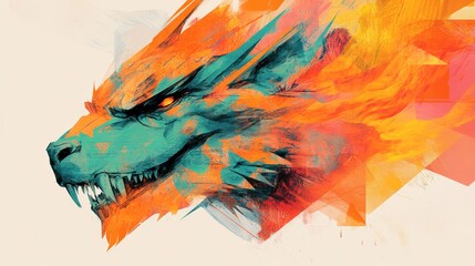 Fototapeta premium Fierce digital painting of a wolf's head, rendered in vibrant orange and teal hues. Intense expression and dynamic brushstrokes.