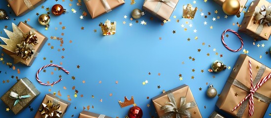 Sparkling blue backdrop with golden crowns and presents, arranged flat lay style. Right side space for text, ideal for festive announcements.