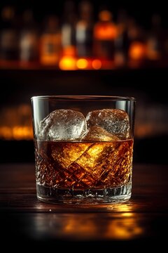 Whiskey en vaso bajo con hielo sobre fondo oscuro elegante. generated image