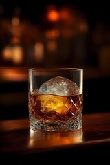 Whiskey en vaso bajo con hielo sobre fondo oscuro elegante. generated image
