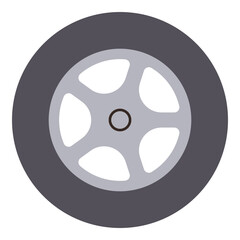 Car wheel featuring a five-spoke alloy rim and black rubber tire. Ideal for automotive design, transportation, maintenance, repair, racing, motion, and industry. Flat color icon