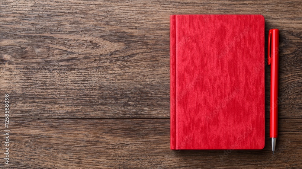 Poster a vibrant red notebook with a matching pen rests on a wooden surface, creating a warm and inviting w