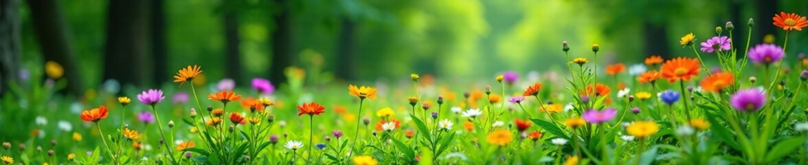 Obraz premium A patch of colorful wildflowers in a green forest, colorful, green