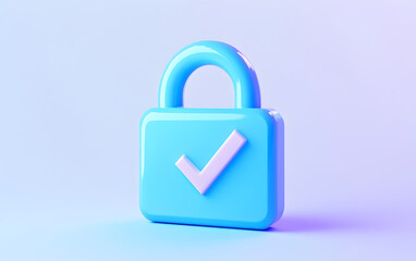 3D Blue Lock with Checkmark Symbol on Soft Pastel Background - Security and Privacy Concept

