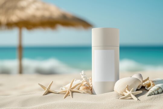 Sunscreen bottle on tropical beach with shells and starfish in sand - Powered by Adobe