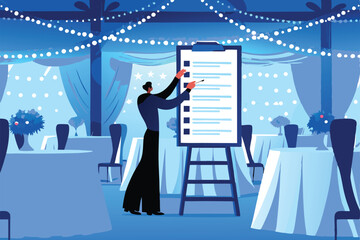 An event planner meticulously arranges seating chart, attentively checking a detailed checklist, ensuring perfect event logistics.